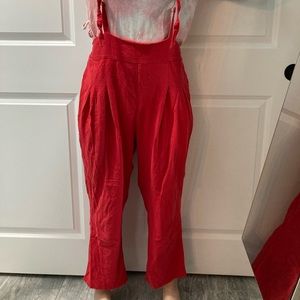 Red linen suspenders pants
